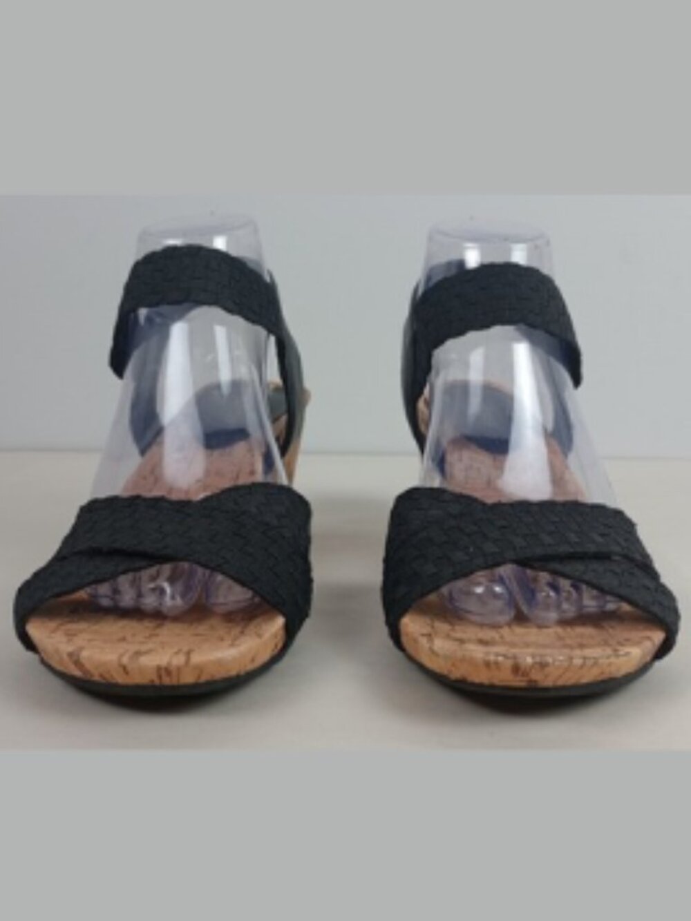 Flex Step Womens 8 Black Straps Lattice Toe Cork Mid Height Heel Wedge Sandels - Picture 5 of 13